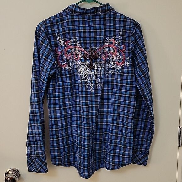 Wrangler Rock 47th Western Plaid Embellished Cowgirl Rockabilly Snap Shirt - Picture 5 of 7